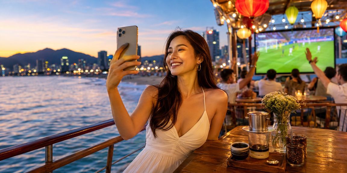 Người dùng tại Đà Nẵng xem kèo bóng đá và uống cà phê với điện thoại di động