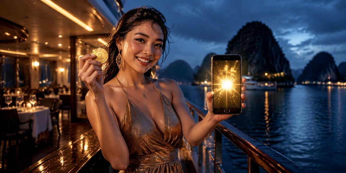 Người dùng tận hưởng cashback bonus trên ứng dụng di động với cảnh vịnh Hạ Long phía sau
